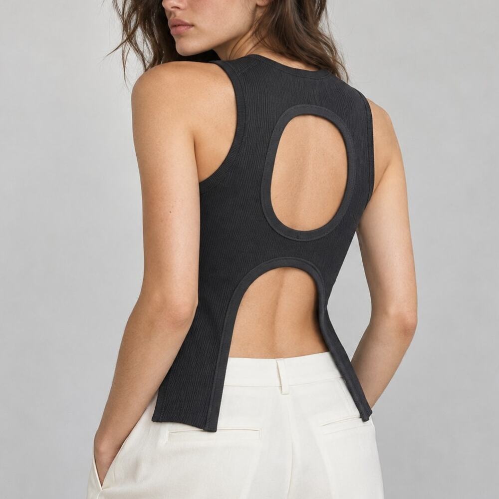 Tibi Black Cutout Detail Ribbed Sleeveless Top Size M